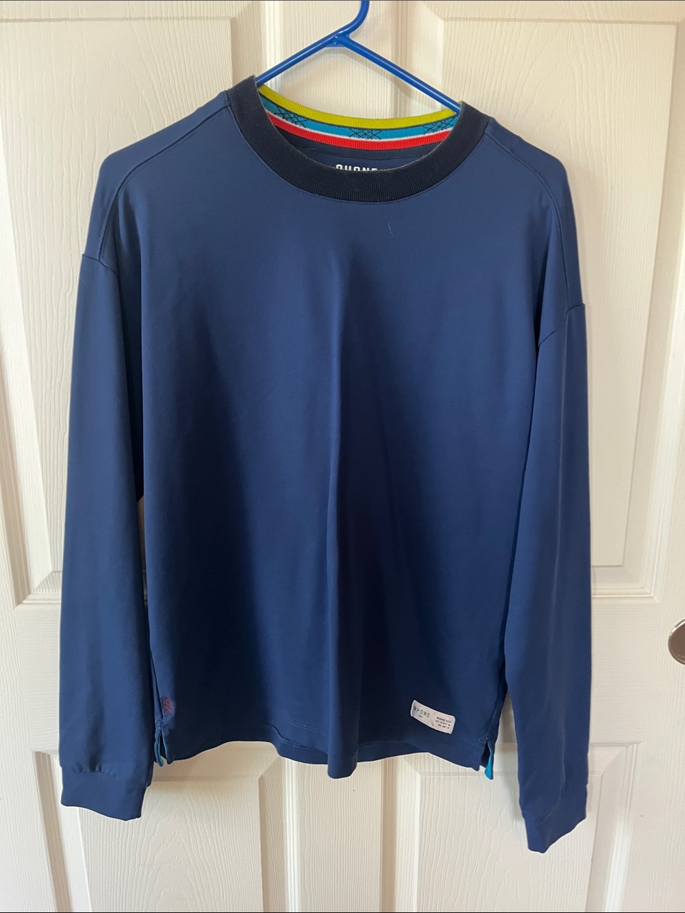 RHONE Retro Mock neck Navy Long Sleeve with Multicolor Stripe Trim